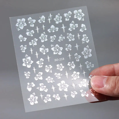 4pcs Hibiscus Flower Nail Art Sticker 3D White Pink Floral Decal Y2K Gold Silver Petal DIY Romantic Self-Adhesive Manicure Decor