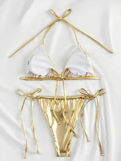 Women Bikini Set 2025 Summer Metallic Gold Shiny Halter Triangle Tie Side String Sexy Swimwear Female Beach Vacation Bathing Sui