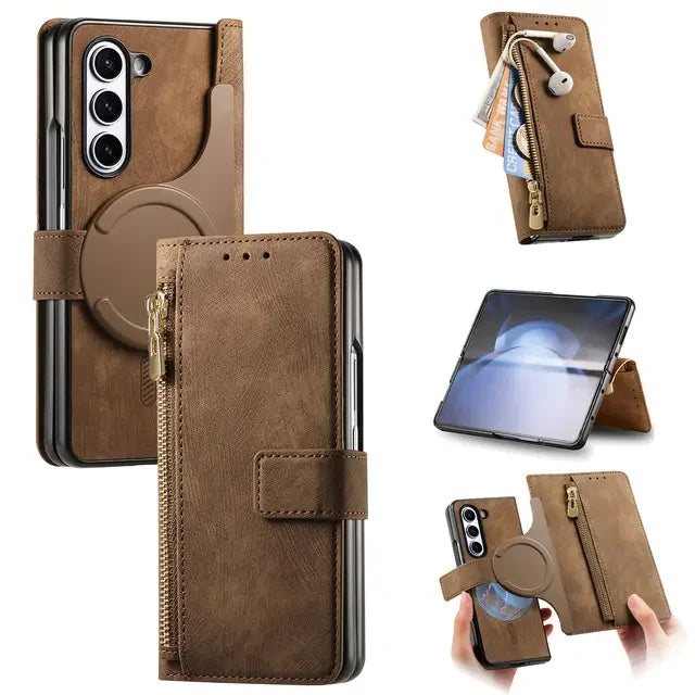 2 in 1 Magnetic Zipper Cards Solt Wallet Leather Case For Samsung Galaxy Z Fold 8 ultra 7 6 5  Wireless Charging Bag Purse Cover