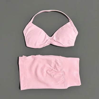 2 Pieces Yoga Gym Set Women Seamless Strappy Yoga Bra High Waist Workout Scrunch Shorts Sports Set Fitness Clothes Sportswear