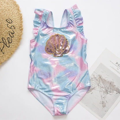 Fishscale Bandage Girls Kids Swimsuit 2026 Shell Shape Embroidery Children Girls One Piece Swimwear Beach Wear Monokini