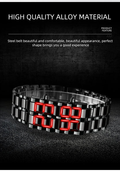 Fashion Mens Digital Lava Wrist Watch Men Black Full Metal Red Blue LED Display Watches Gifts for Male Boy Sport Creative Clock
