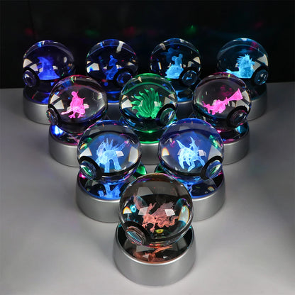 Pokemon 3D Crystal Ball Pikachu Gengar Eevee Mewtwo Anime Game Pokeball Led Night Light Base Kids Birthday Gift Home Decoration