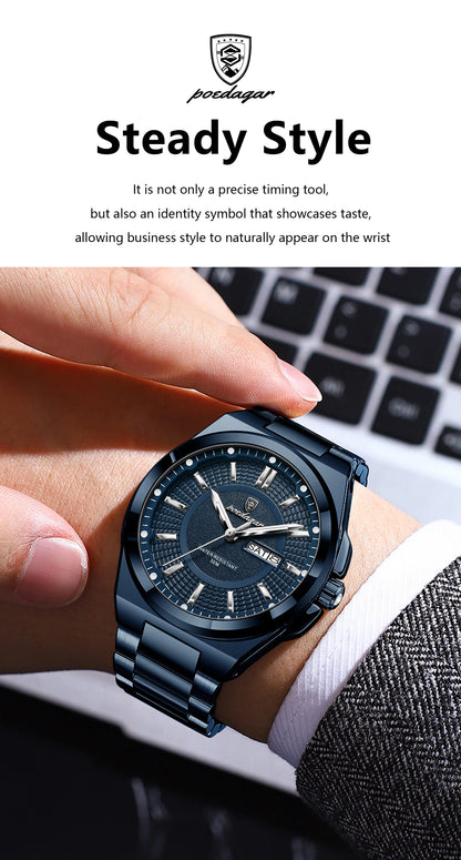 POEDAGAR Top Business Men Wristwatch Stainless Steel Waterproof Luminous Casual Man Watch Date Week Stylish Men's Quartz Watches