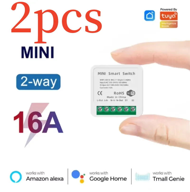 Tuya Mini 16A WiFi Switch Smart Life App 2 Way Control Smart Home Automation Module Interruptor Work for Alexa Google Home