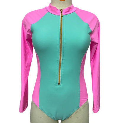 New Patchwork One-Piece Swimsuit Long Sleeve Swimwear Sports Backless Women's Swimming Bathing Suit Beach Wear Bather Surfing