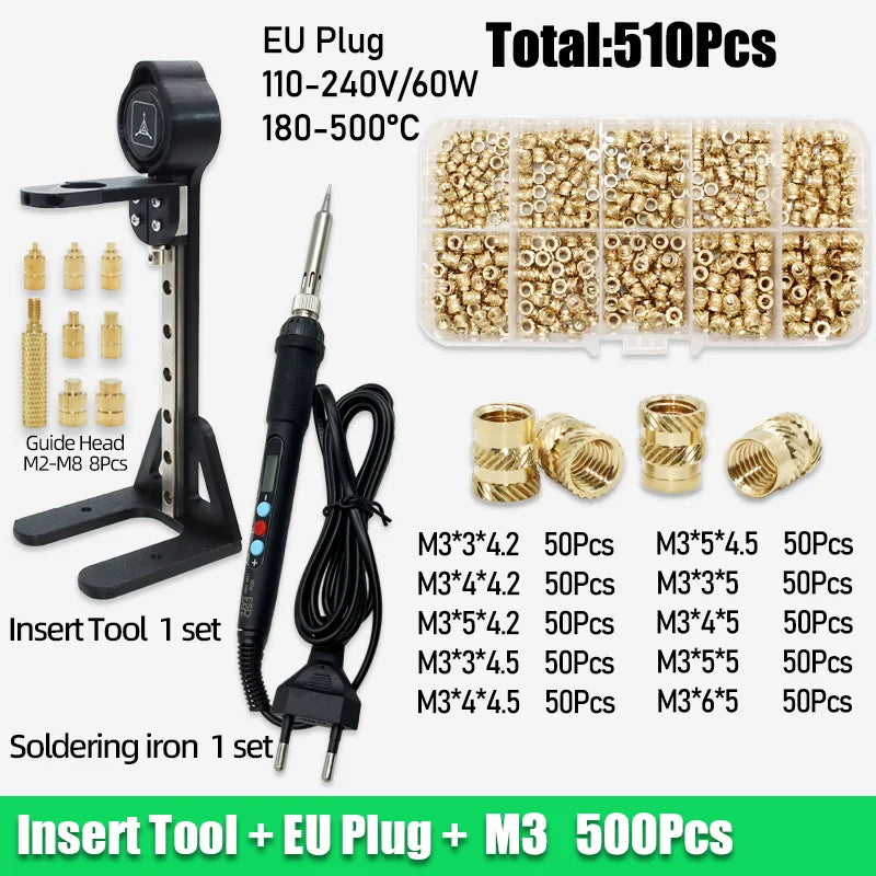 Threaded Brass Insert Nut 3d Printing Tool M2 M3 M4 M5 Heat Set Insertion Soldering Iron Kit Hot Melt Knurled Nut for Plastic PC