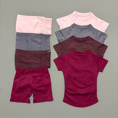 2 Pieces HISTELLO Sports Sets Short Sleeve Seamless Yoga Top Fitness Set Women Workout Running Sports Shorts Gym Suit