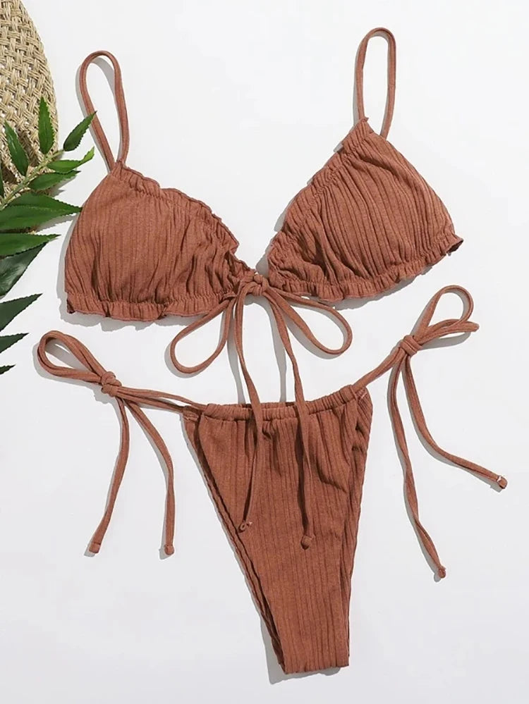 New 2025 Sexy Swimsuit Pit stripe Bikini Women Swimwear  Bathing Suits Push Up Biquinis Bandage Beachwear Solid Bikini Sets