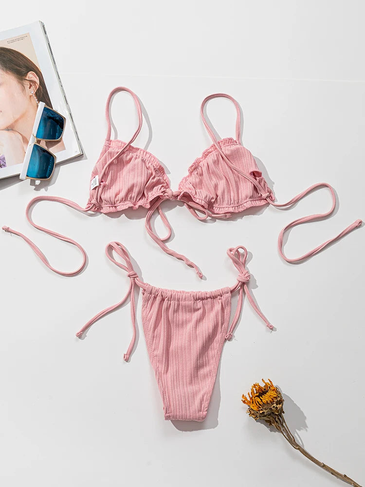New 2025 Sexy Swimsuit Pit stripe Bikini Women Swimwear  Bathing Suits Push Up Biquinis Bandage Beachwear Solid Bikini Sets