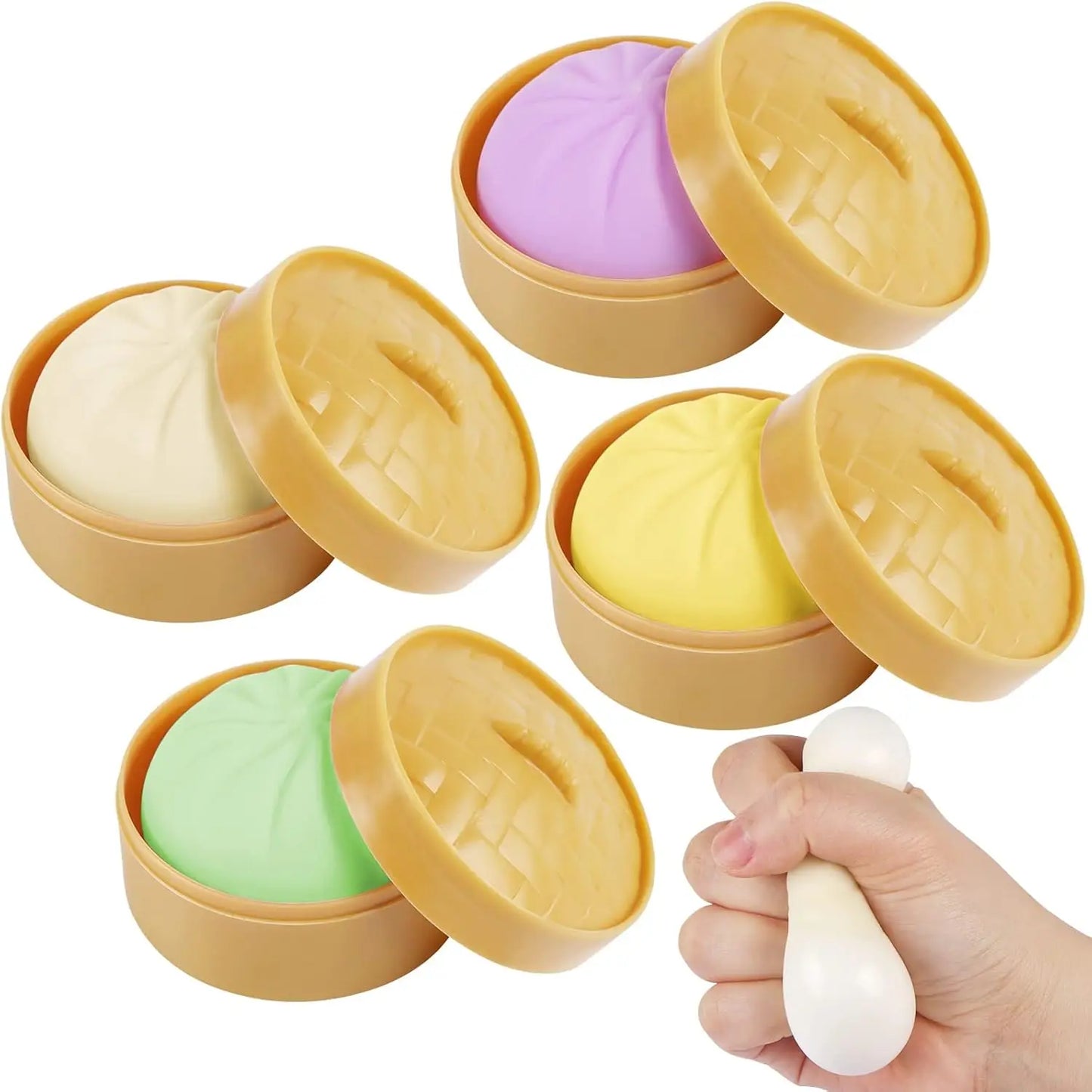 Colorful Dumpling Stress Balls Fidget Sensory Toy Squeeze Dough Ball Stress Relief Hand Toy Bun with Food Steamer Stretchy Desk