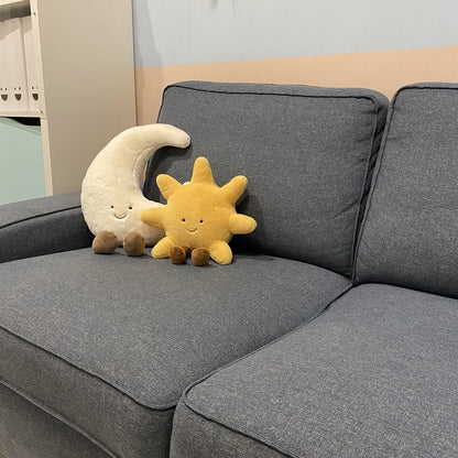 Adorable Smile Face White Moon Yellow Sun Plushie Stuffed Cute Cartoon Weather Plush Toy for Kid Bedroom Decor Sofa Throw Pillow