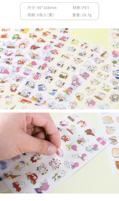 6Pieces/Set Transparent Pvc Waterproof Cartoon Sticker DIY Hand Account Decorative Stickers Kawaii Phone Cup Stickers