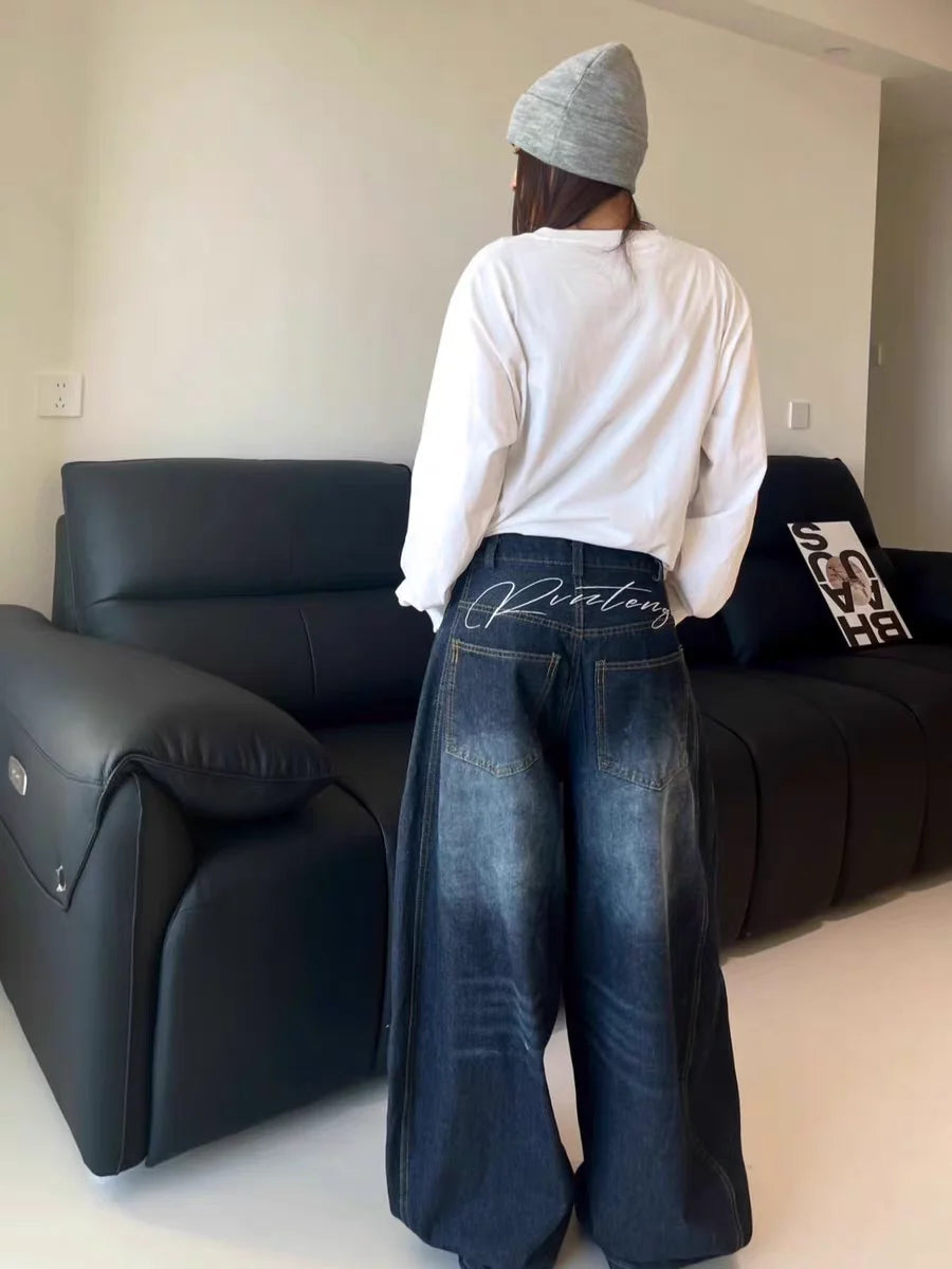 High-Waist Washed Baggy Cargo Jeans