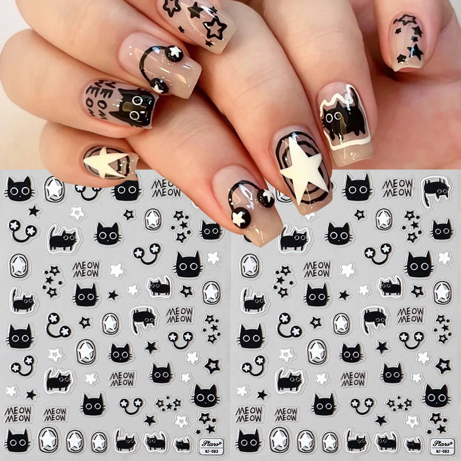 Black Silver Cat Animals Nail Sticker Decals Y2K Charms Cute Dog Cartoon Adhesive Sliders Foils For Manicure Nail Art Decoration