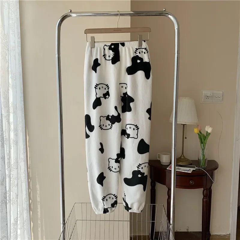 Christmas Sanrio Hello Kitty Pajamas Halloween Flannel Fashion Trouserswomen Kawaii Woolen Anime Cartoon Casual Home Pant Autumn