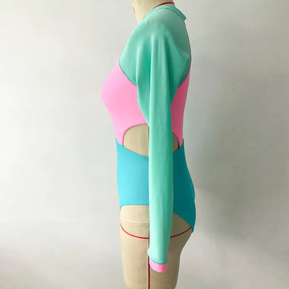 New Patchwork One-Piece Swimsuit Long Sleeve Swimwear Sports Backless Women's Swimming Bathing Suit Beach Wear Bather Surfing