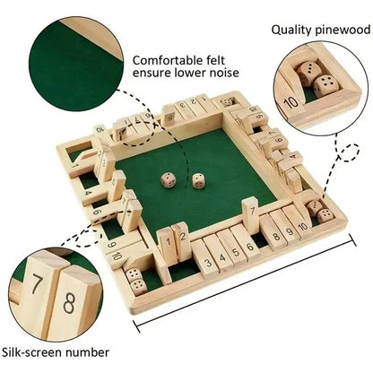 Deluxe Four Sided 10 Numbers Shut The Box Board Game Set Dice Party Club Drinking Games for Adults Families