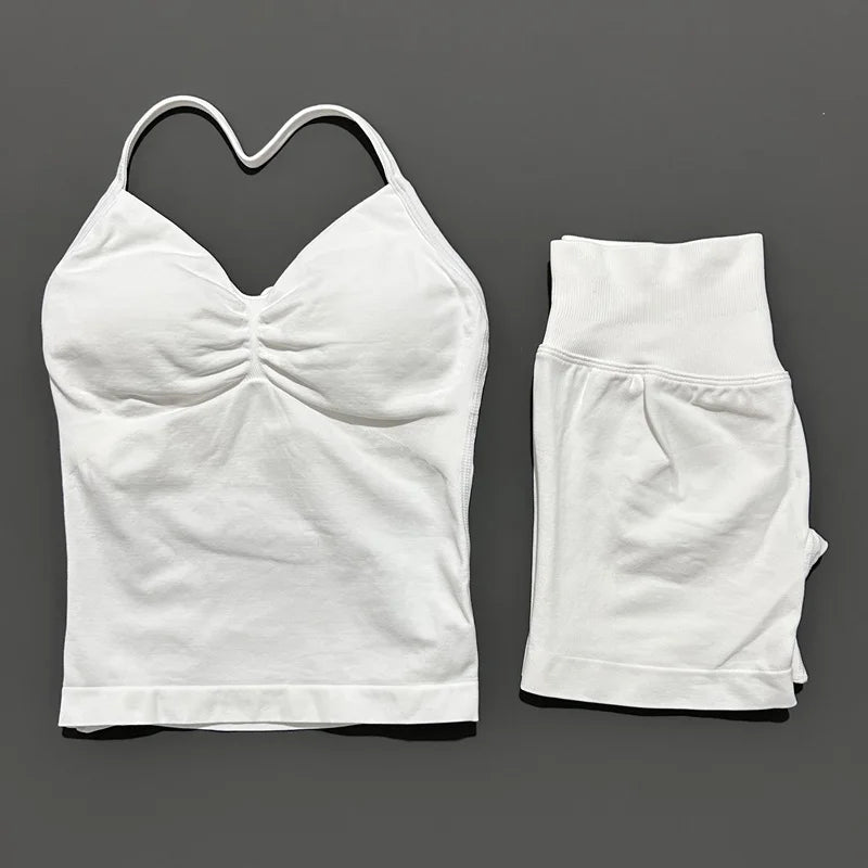 Yoga 2 Pieces Gym Set Women Backless Halter Tops High Waist Seamless Shorts Gym Suit Fitness Sports Bras Sportswear Workout Sets