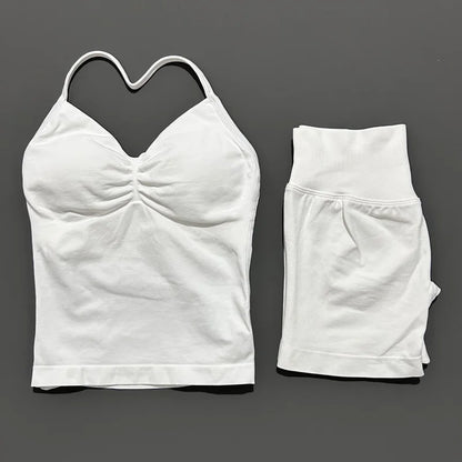 Yoga 2 Pieces Gym Set Women Backless Halter Tops High Waist Seamless Shorts Gym Suit Fitness Sports Bras Sportswear Workout Sets