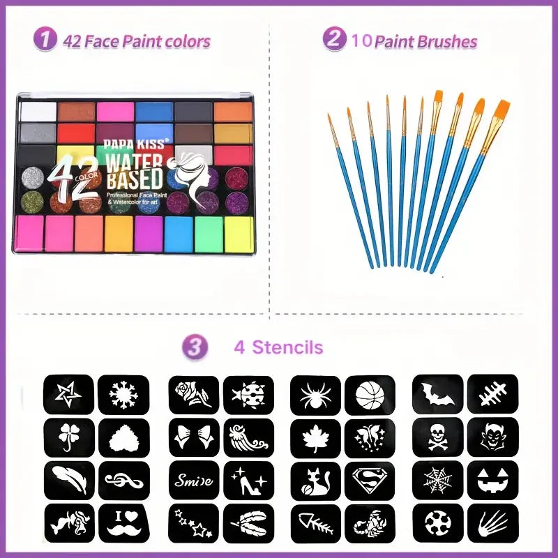 42 Colors Water Soluble Face Body Painting Set UV Neon Glitter Face Paint Art Halloween and Christmas Party Body Paint Makeup