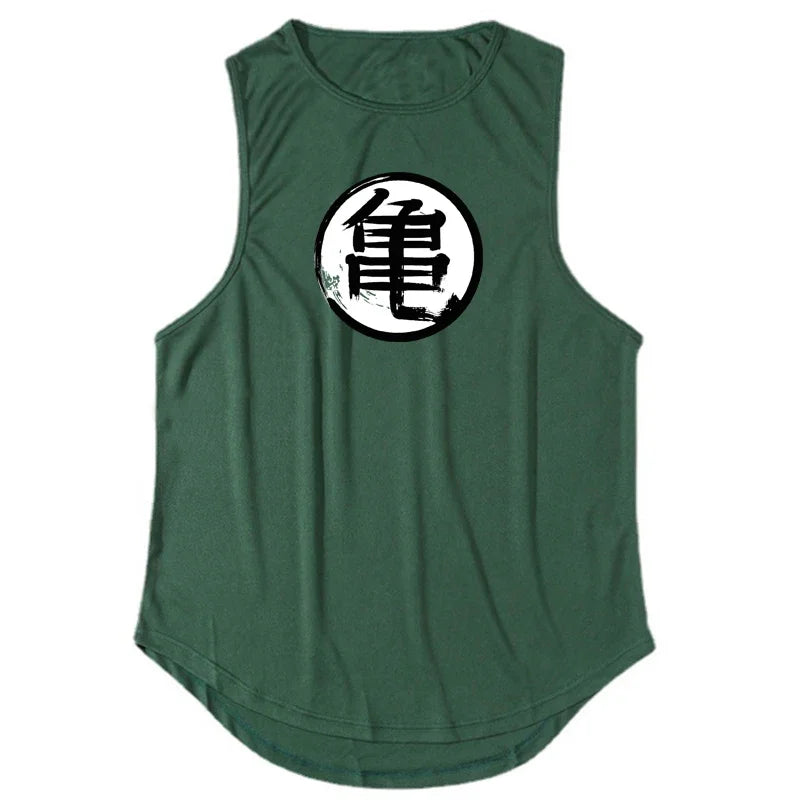 Japanese Anime Turtle Script Printed Summer Fitness Sports Tank Tops Men Gym Clothing Workout Sleeveles Shirt Loose Running Vest
