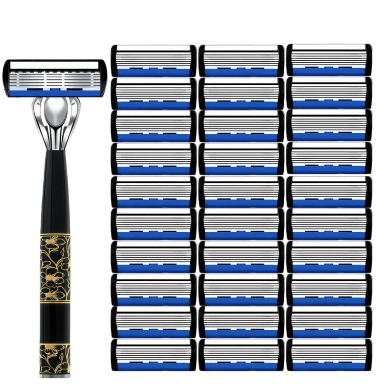 Razor Classic 6 Layer Safety Razor For Men Shaving Hair Removal Shaving Blades Manual Shaver Green 1 Handle With 3 Blades Razors