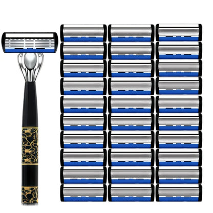 Razor Classic 6 Layer Safety Razor For Men Shaving Hair Removal Shaving Blades Manual Shaver Green 1 Handle With 3 Blades Razors