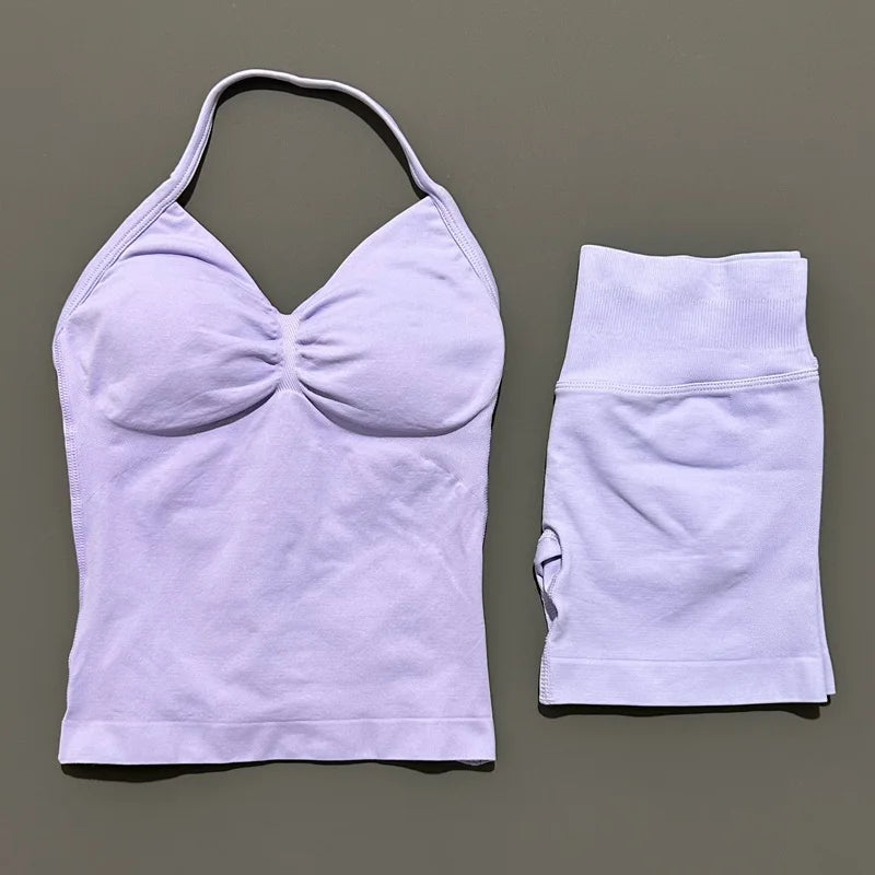 Yoga 2 Pieces Gym Set Women Backless Halter Tops High Waist Seamless Shorts Gym Suit Fitness Sports Bras Sportswear Workout Sets
