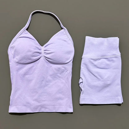 Yoga 2 Pieces Gym Set Women Backless Halter Tops High Waist Seamless Shorts Gym Suit Fitness Sports Bras Sportswear Workout Sets