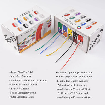 22AWG Electric Wire Flexible Silicone Wires 22 Gauge Stranded Tinned Copper Wire 5 Colors 16.4ft/5m Each or 32.8ft/10m Each