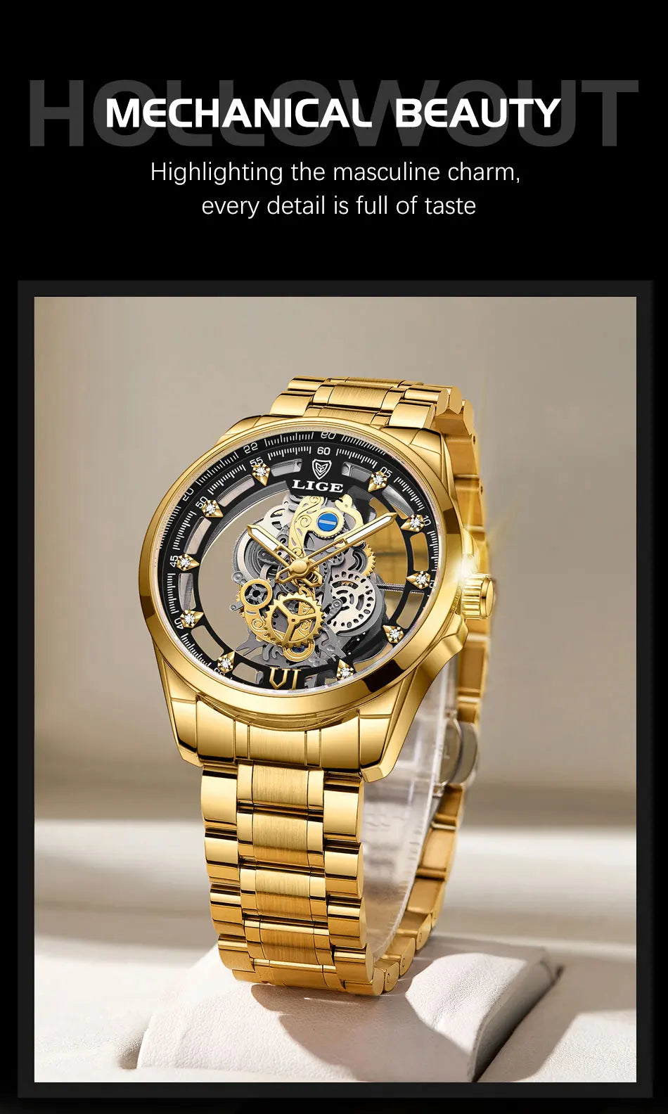 Original LIGE Men Watch Gold Stainless Steel Hollow Skeleton Quartz Watches for Men Fashion Military Waterproof Men Wristwatch