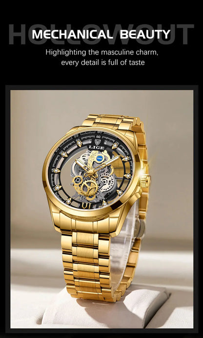 Original LIGE Men Watch Gold Stainless Steel Hollow Skeleton Quartz Watches for Men Fashion Military Waterproof Men Wristwatch