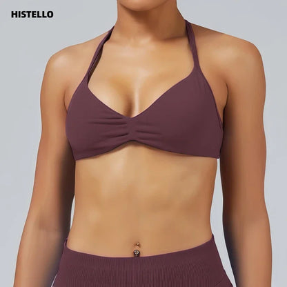 HISTELLO Strappy Bra Women Seamless Gym Underwear High Support Halter Sexy Sports Pilates Clothing Push-up Yoga Workout Tank Top