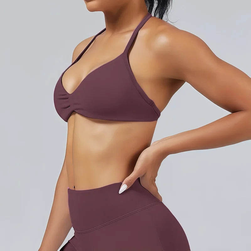 HISTELLO Strappy Bra Women Seamless Gym Underwear High Support Halter Sexy Sports Pilates Clothing Push-up Yoga Workout Tank Top