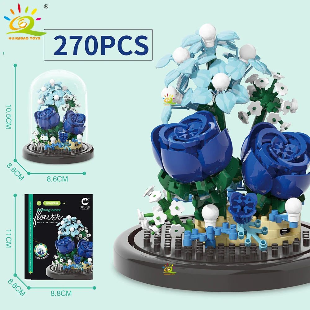 HUIQIBAO MOC Eternal Bouquet Display Box Micro Building Blocks Flower Model DIY Home Desk Plant Decoration Brick Toy For Childre