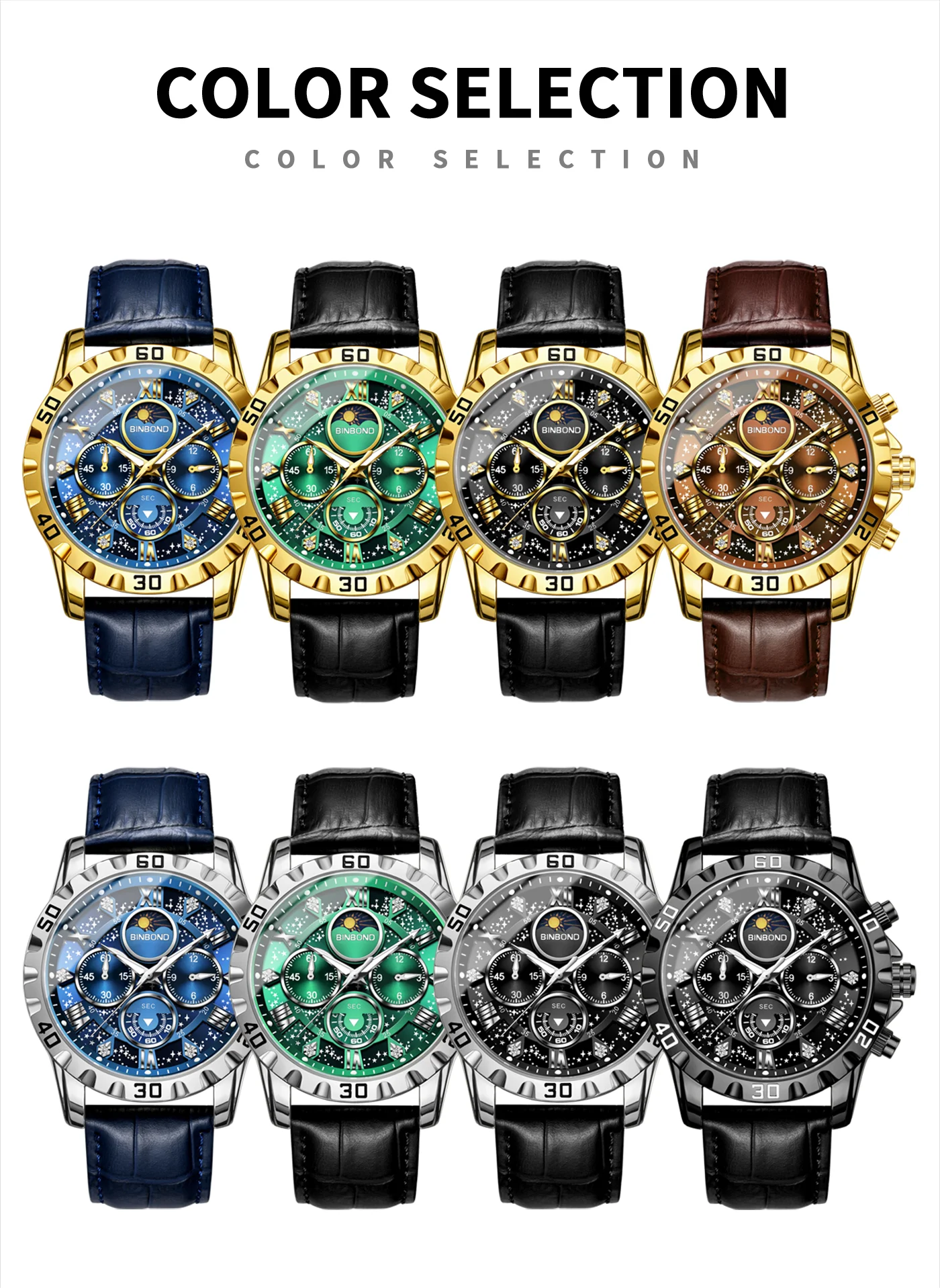 BINBOND Genuine accurate quartz wristwatches for men luxury luminous waterproof chronograph leather strap men's watch reloj
