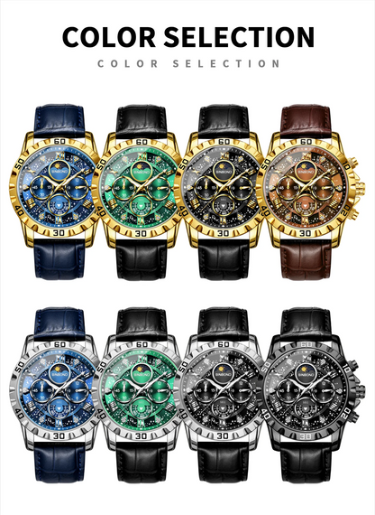 BINBOND Genuine accurate quartz wristwatches for men luxury luminous waterproof chronograph leather strap men's watch reloj