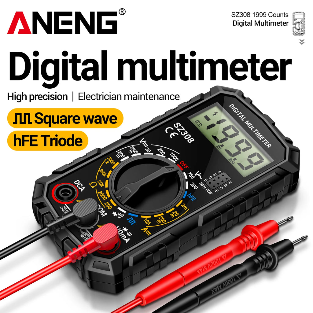 ANENG SZ308 Square Wave Digital Tester 1999 Counts HFE Triode Buzzer Multimeter AC/DC Voltage 10A Current Multimeters Meter Tool