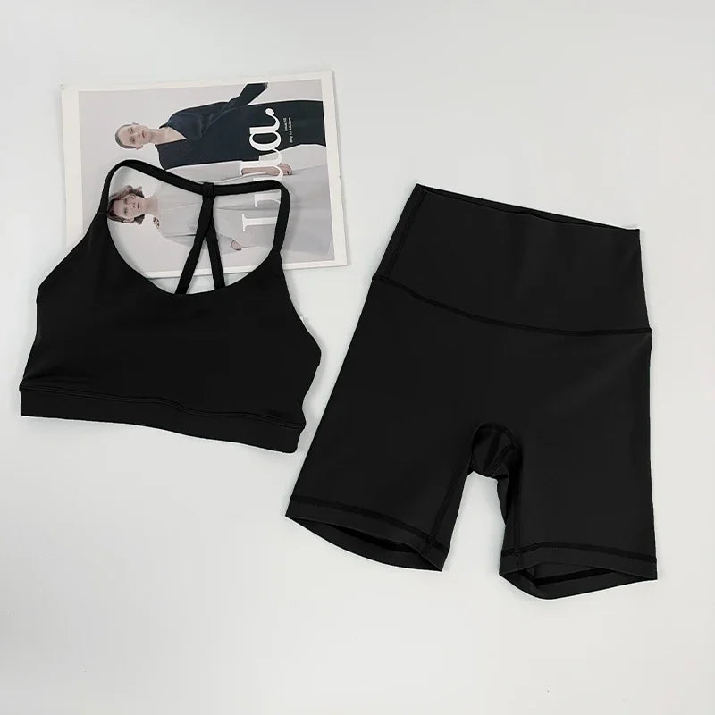 2 Piece Women Yoga Shorts Set Tracksuit Yoga Vest High Waist Shorts Quick-Drying Comfort Elastic Running Workout Sportswear