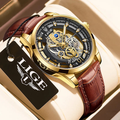 Original LIGE Men Watch Gold Stainless Steel Hollow Skeleton Quartz Watches for Men Fashion Military Waterproof Men Wristwatch