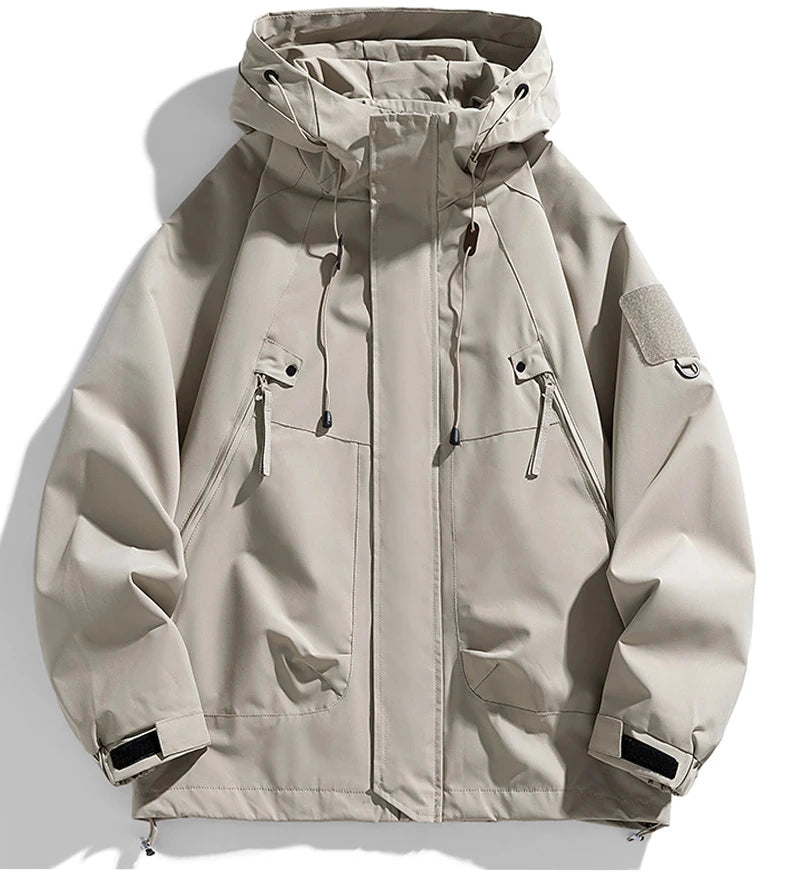 Windbreakers Men Hooded Jacket Zipper Coat Cargo Waterproof Black Bomber Camping Loose Thin Softshell Hooded Hiking Jacket