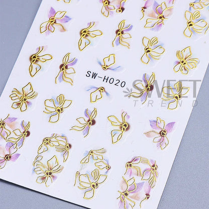 5pcs Metallic Gold Line Flower Nail Stickers 3D Bronzing Border Petals Sakura Leaf Nail Decals Slider DIY Elegant Manicure Decor