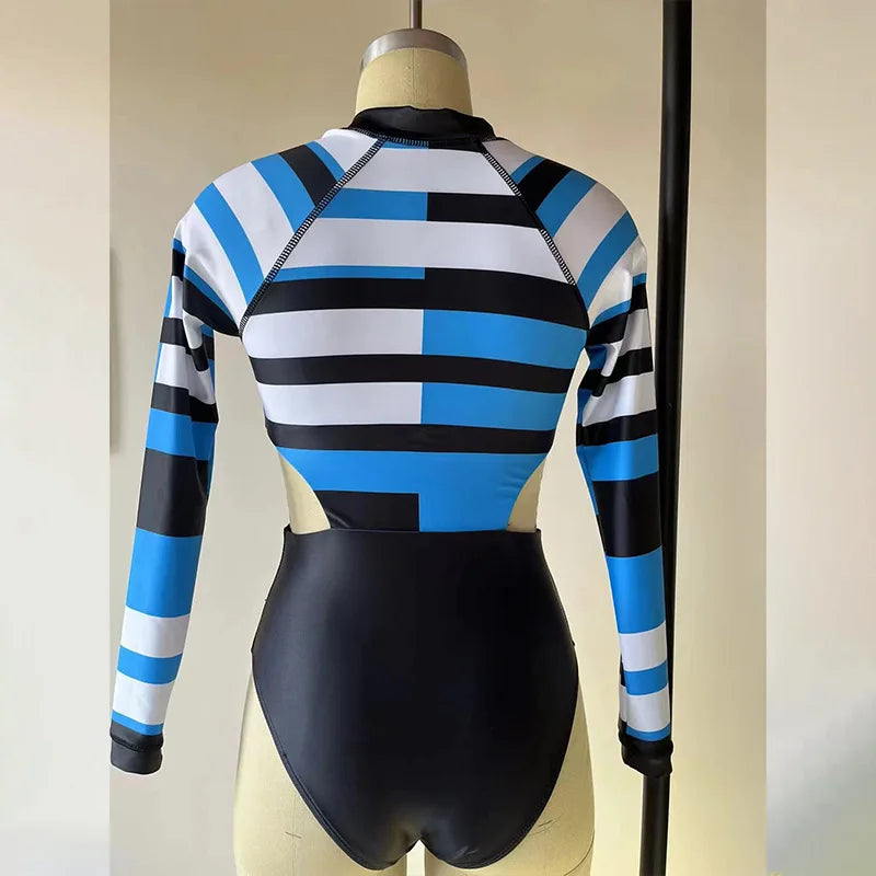 New Patchwork One-Piece Swimsuit Long Sleeve Swimwear Sports Backless Women's Swimming Bathing Suit Beach Wear Bather Surfing