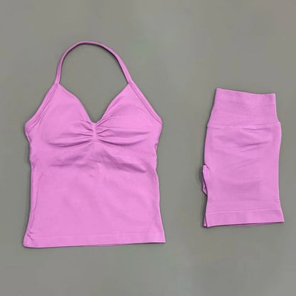 Yoga 2 Pieces Gym Set Women Backless Halter Tops High Waist Seamless Shorts Gym Suit Fitness Sports Bras Sportswear Workout Sets