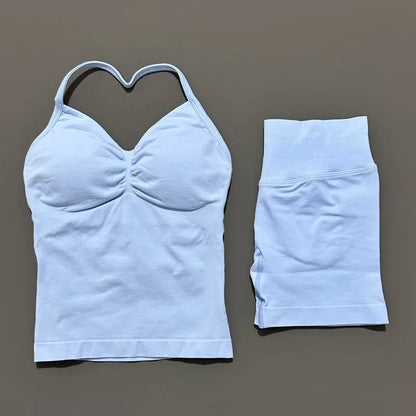 Yoga 2 Pieces Gym Set Women Backless Halter Tops High Waist Seamless Shorts Gym Suit Fitness Sports Bras Sportswear Workout Sets