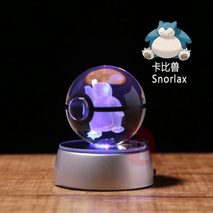 Anime Pokemon 3D Crystal Ball Snorlax Figure Pokeball Engraving Crystal Charizard Model with LED Light Base Kids Gift ANIME GIFT