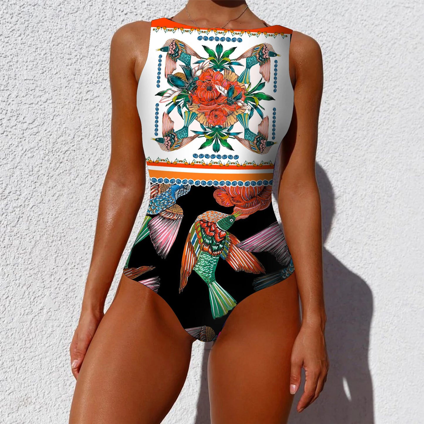 2026 New Printed One-piece Swimsuit Classic Printed Lace Up Swimsuit Women's Push Up Flower One-piece Suit Beach Wear For Female