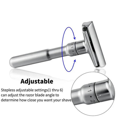 Adjustable Safety Razor 1-6 Settings for Mild to Aggressive Shave, Double Edge Men's Razor with 5 Blades for Precise Control