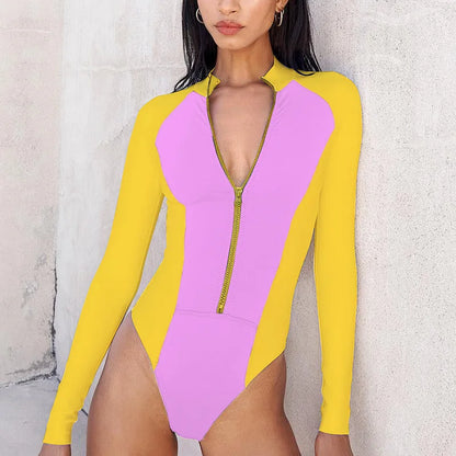 New Patchwork One-Piece Swimsuit Long Sleeve Swimwear Sports Backless Women's Swimming Bathing Suit Beach Wear Bather Surfing